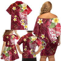 Polynesian Tribal Tattoo Family Matching Off Shoulder Short Dress and Hawaiian Shirt Plumeria Blood Red and Gold Marble Pattern LT9 - Polynesian Pride