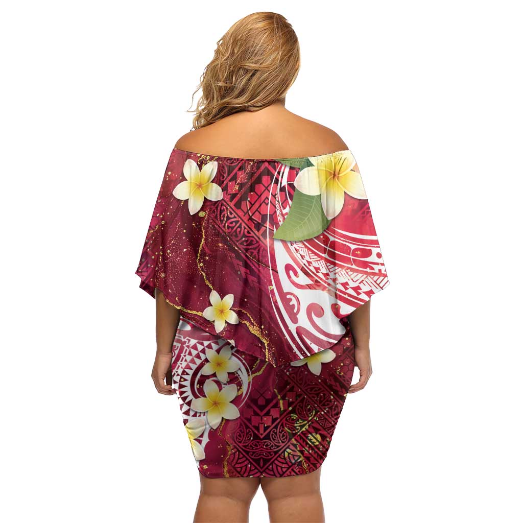 Polynesian Tribal Tattoo Family Matching Off Shoulder Short Dress and Hawaiian Shirt Plumeria Blood Red and Gold Marble Pattern LT9 - Polynesian Pride