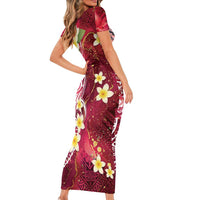 Polynesian Tribal Tattoo Family Matching Short Sleeve Bodycon Dress and Hawaiian Shirt Plumeria Blood Red and Gold Marble Pattern LT9 - Polynesian Pride