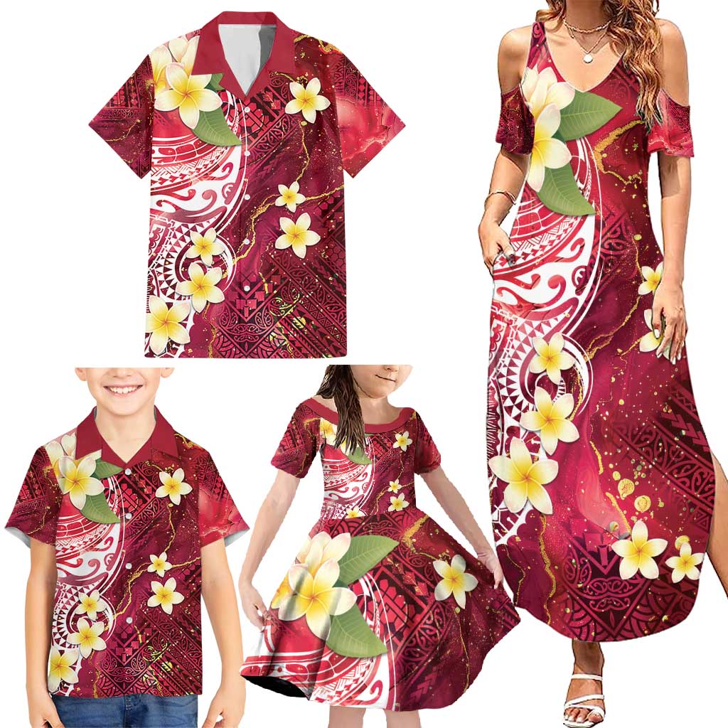Polynesian Tribal Tattoo Family Matching Summer Maxi Dress and Hawaiian Shirt Plumeria Blood Red and Gold Marble Pattern LT9 - Polynesian Pride
