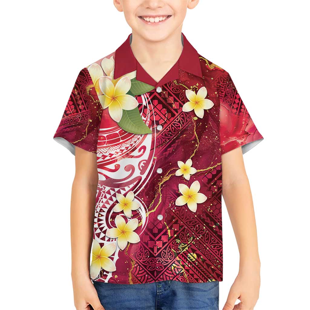 Polynesian Tribal Tattoo Family Matching Summer Maxi Dress and Hawaiian Shirt Plumeria Blood Red and Gold Marble Pattern LT9 Son's Shirt Red - Polynesian Pride
