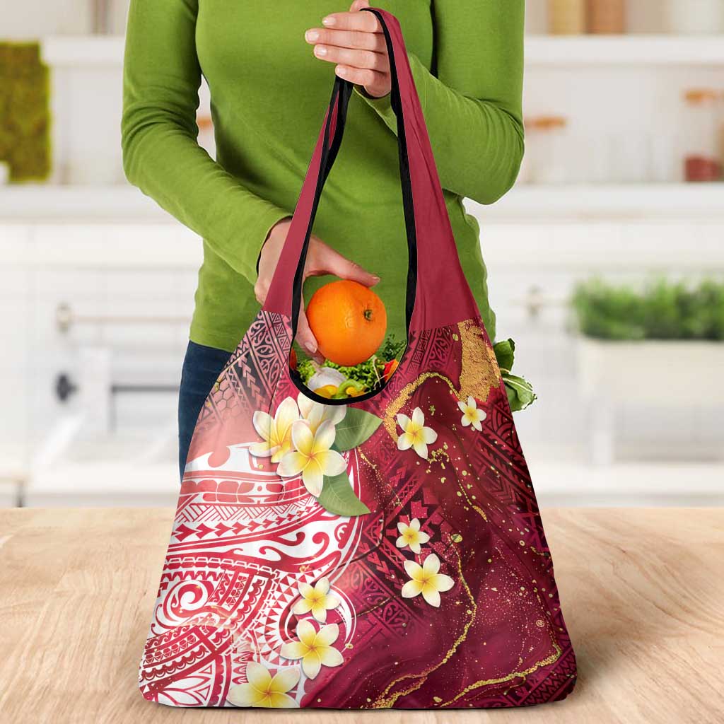 Polynesian Tribal Tattoo Grocery Bag Plumeria Blood Red and Gold Marble Pattern