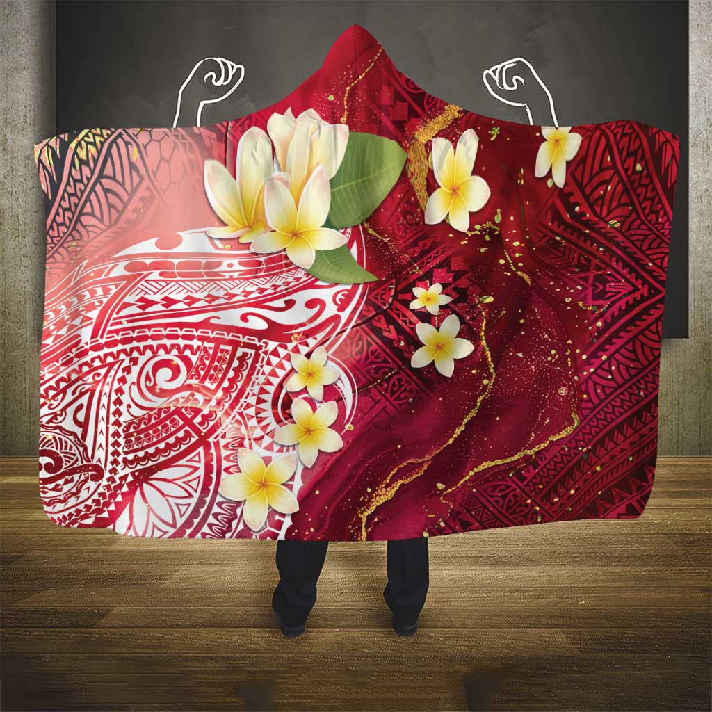 Polynesian Tribal Tattoo Hooded Blanket Plumeria Blood Red and Gold Marble Pattern
