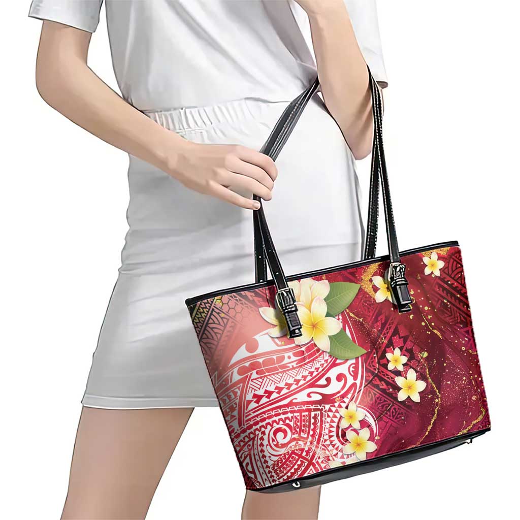 Polynesian Tribal Tattoo Leather Tote Bag Plumeria Blood Red and Gold Marble Pattern