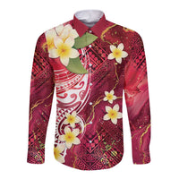 Polynesian Tribal Tattoo Long Sleeve Button Shirt Plumeria Blood Red and Gold Marble Pattern