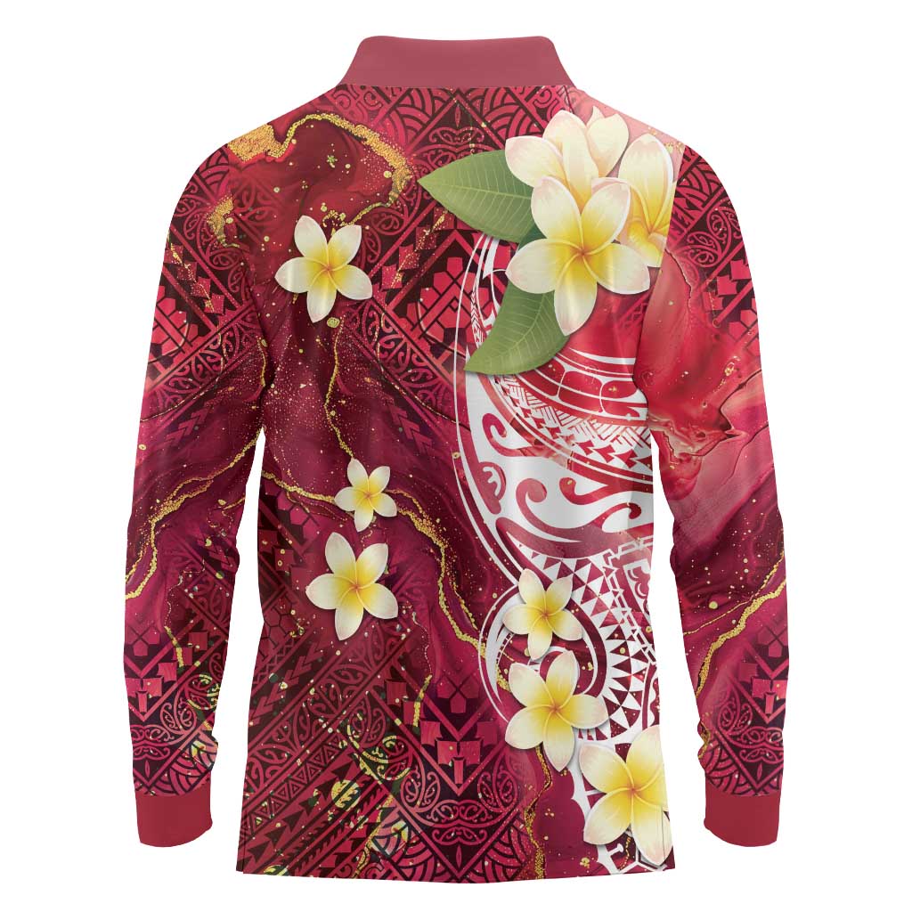 Polynesian Tribal Tattoo Long Sleeve Polo Shirt Plumeria Blood Red and Gold Marble Pattern LT9 - Polynesian Pride
