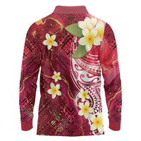 Polynesian Tribal Tattoo Long Sleeve Polo Shirt Plumeria Blood Red and Gold Marble Pattern LT9 - Polynesian Pride
