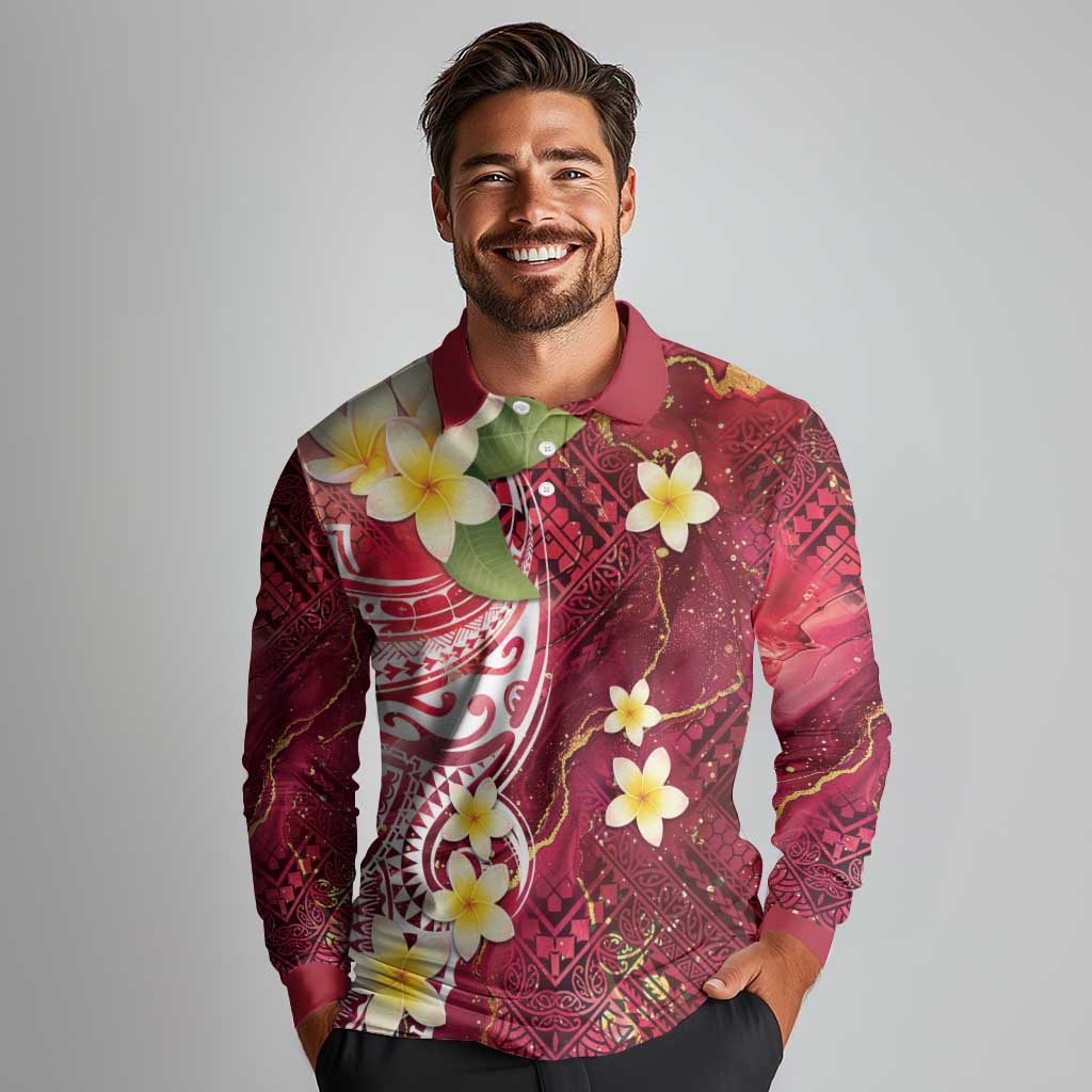 Polynesian Tribal Tattoo Long Sleeve Polo Shirt Plumeria Blood Red and Gold Marble Pattern LT9 - Polynesian Pride