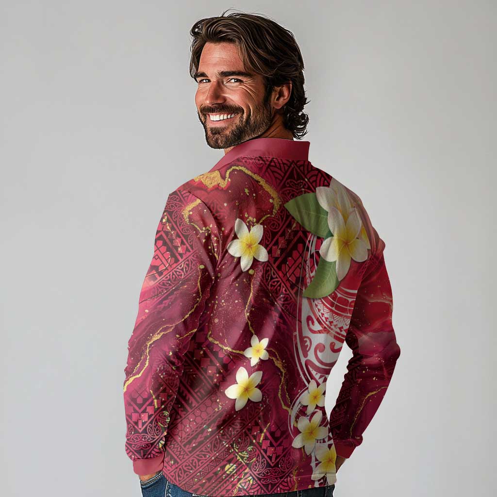 Polynesian Tribal Tattoo Long Sleeve Polo Shirt Plumeria Blood Red and Gold Marble Pattern LT9 - Polynesian Pride