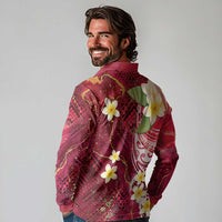 Polynesian Tribal Tattoo Long Sleeve Polo Shirt Plumeria Blood Red and Gold Marble Pattern LT9 - Polynesian Pride