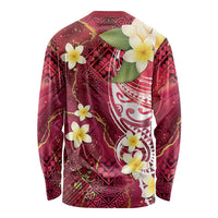 Polynesian Tribal Tattoo Long Sleeve Shirt Plumeria Blood Red and Gold Marble Pattern