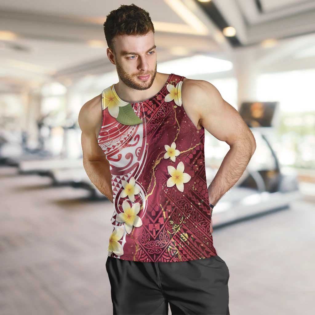 Polynesian Tribal Tattoo Men Tank Top Plumeria Blood Red and Gold Marble Pattern