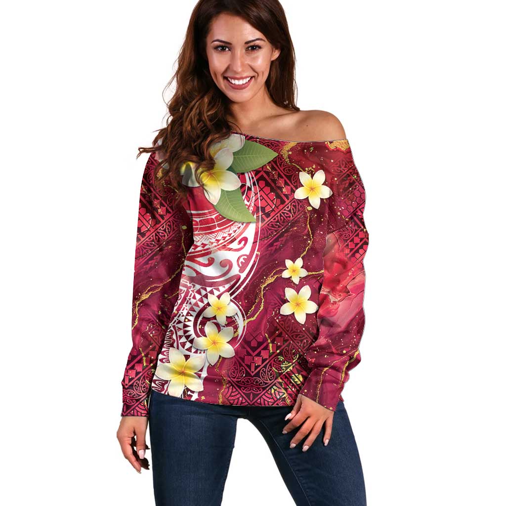Polynesian Tribal Tattoo Off Shoulder Sweater Plumeria Blood Red and Gold Marble Pattern