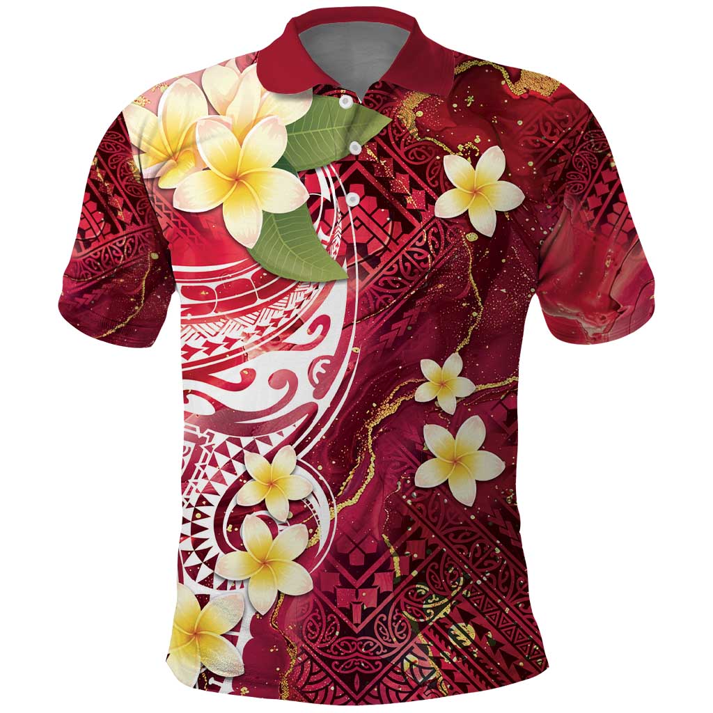 Polynesian Tribal Tattoo Polo Shirt Plumeria Blood Red and Gold Marble Pattern