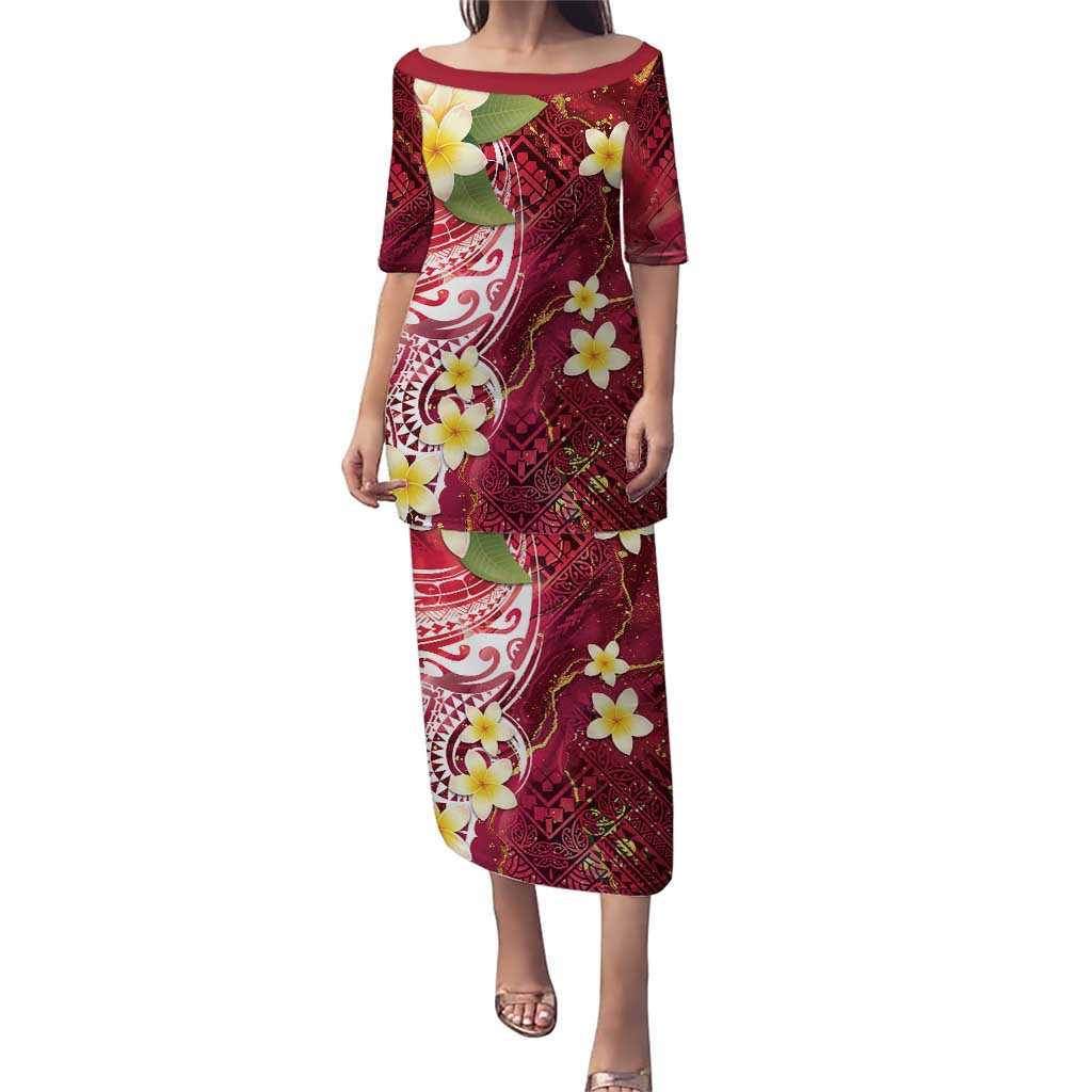 Polynesian Tribal Tattoo Puletasi Plumeria Blood Red and Gold Marble Pattern