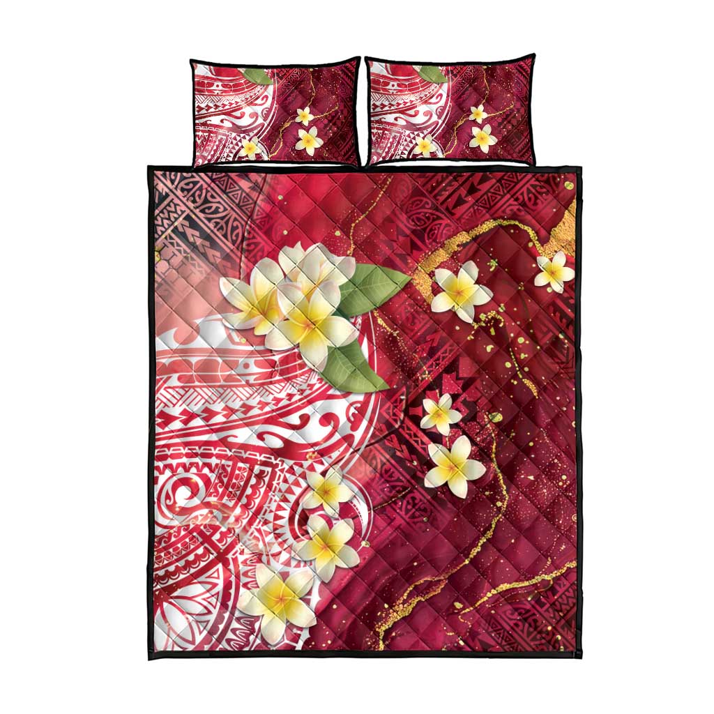 Polynesian Tribal Tattoo Quilt Bed Set Plumeria Blood Red and Gold Marble Pattern