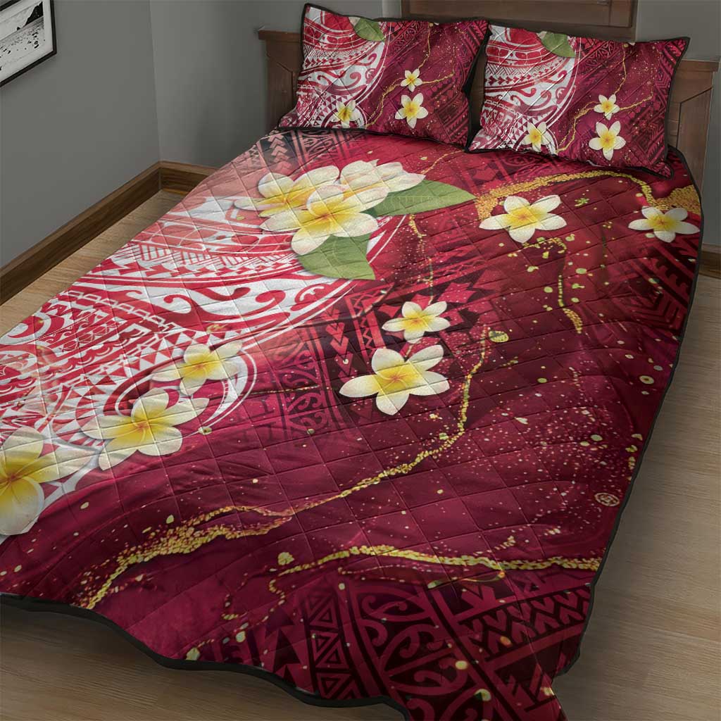 Polynesian Tribal Tattoo Quilt Bed Set Plumeria Blood Red and Gold Marble Pattern