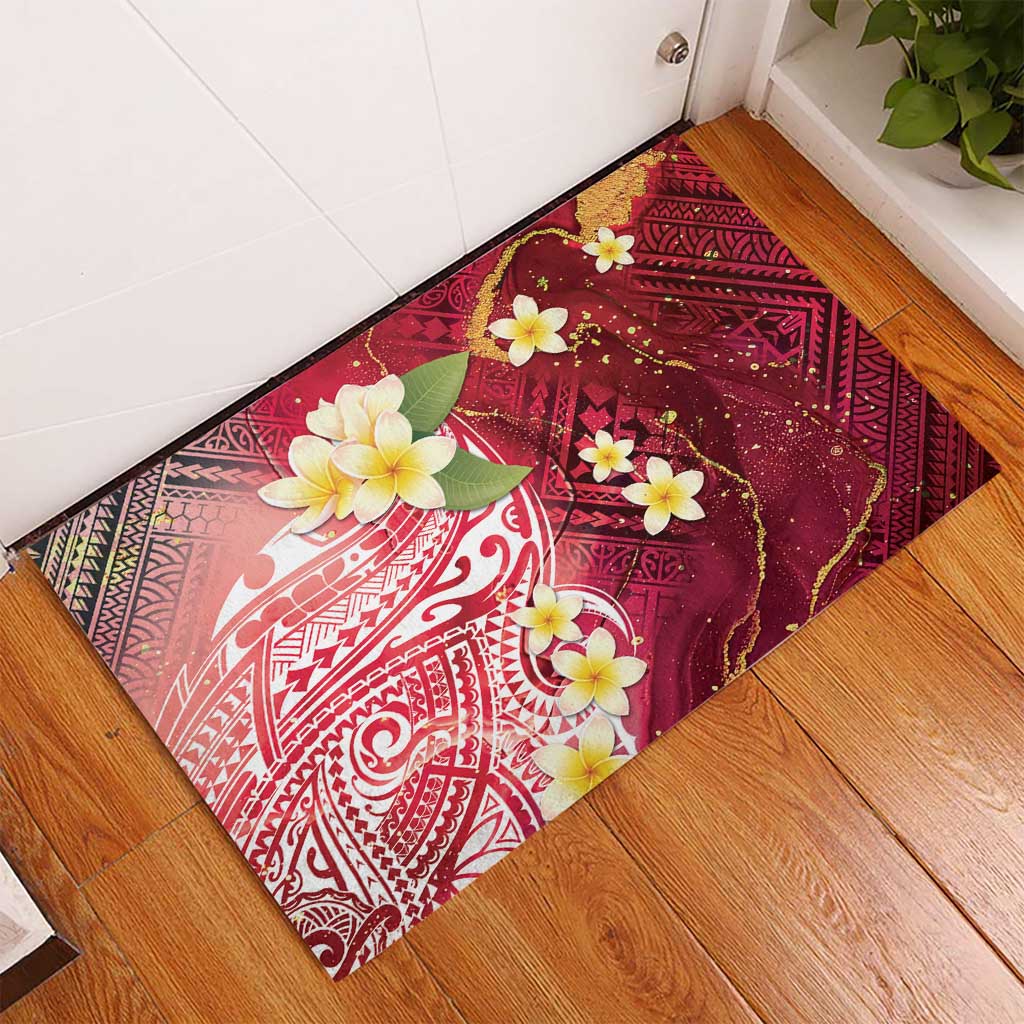Polynesian Tribal Tattoo Rubber Doormat Plumeria Blood Red and Gold Marble Pattern