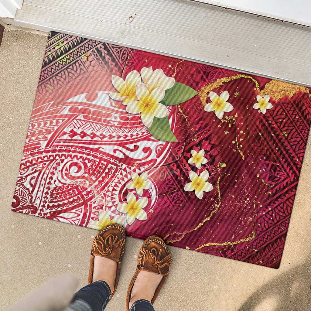 Polynesian Tribal Tattoo Rubber Doormat Plumeria Blood Red and Gold Marble Pattern