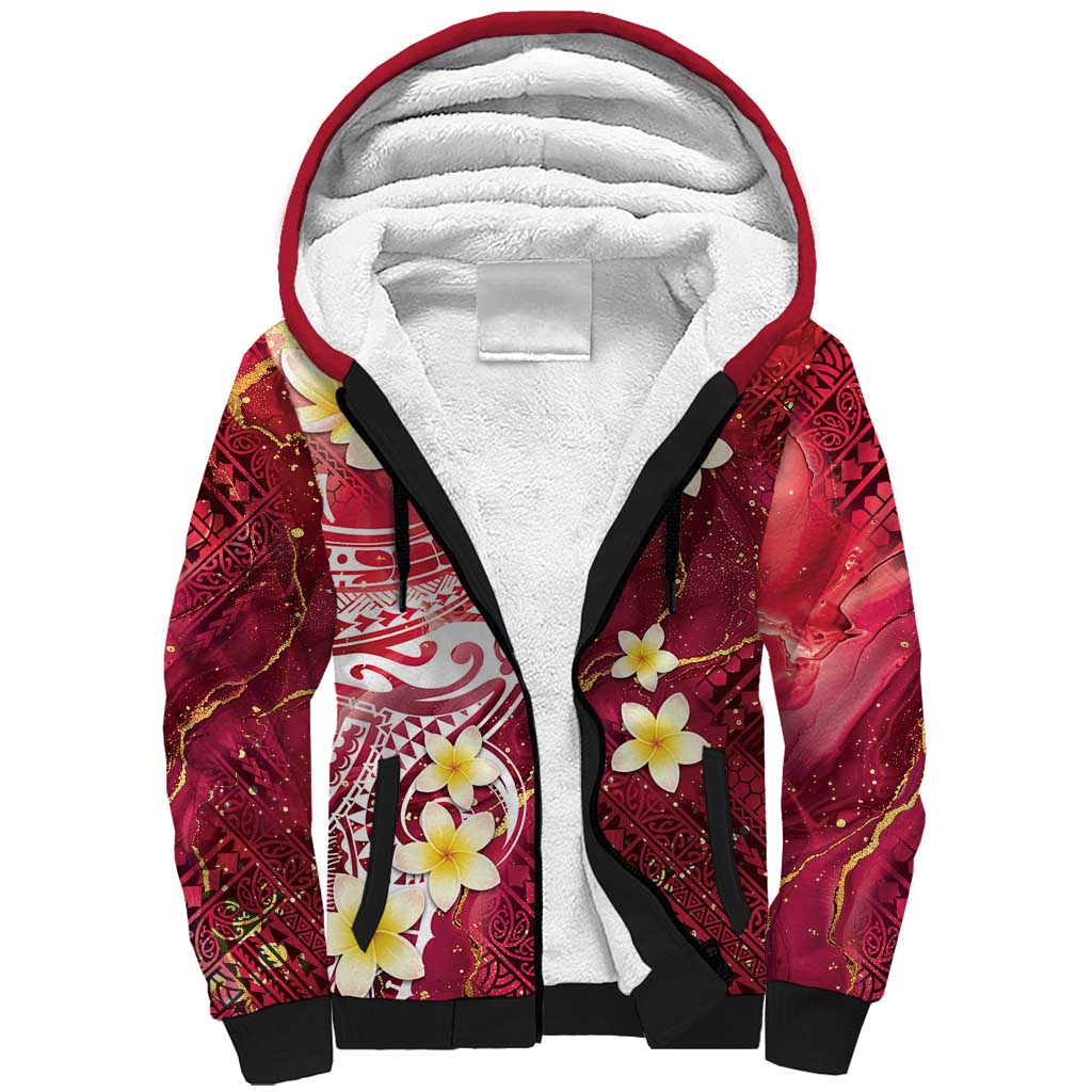 Polynesian Tribal Tattoo Sherpa Hoodie Plumeria Blood Red and Gold Marble Pattern