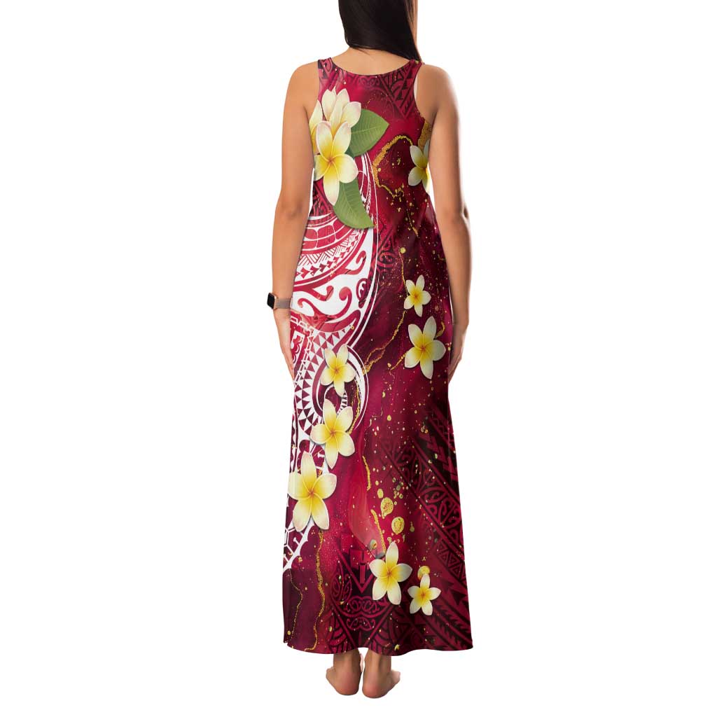 Polynesian Tribal Tattoo Tank Maxi Dress Plumeria Blood Red and Gold Marble Pattern
