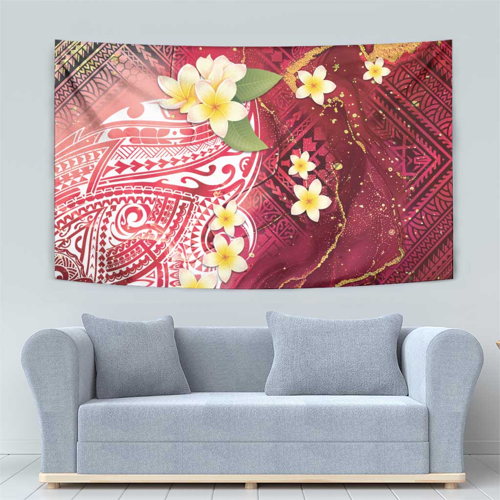Polynesian Tribal Tattoo Tapestry Plumeria Blood Red and Gold Marble Pattern