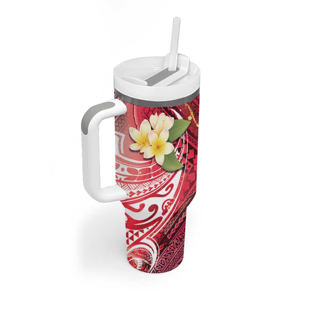 Polynesian Tribal Tattoo Tumbler With Handle Plumeria Blood Red and Gold Marble Pattern