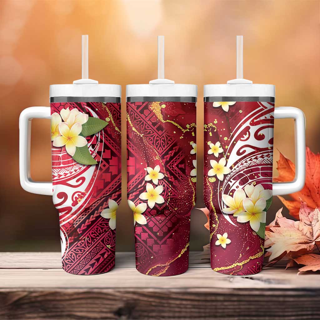 Polynesian Tribal Tattoo Tumbler With Handle Plumeria Blood Red and Gold Marble Pattern