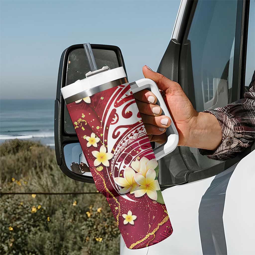 Polynesian Tribal Tattoo Tumbler With Handle Plumeria Blood Red and Gold Marble Pattern