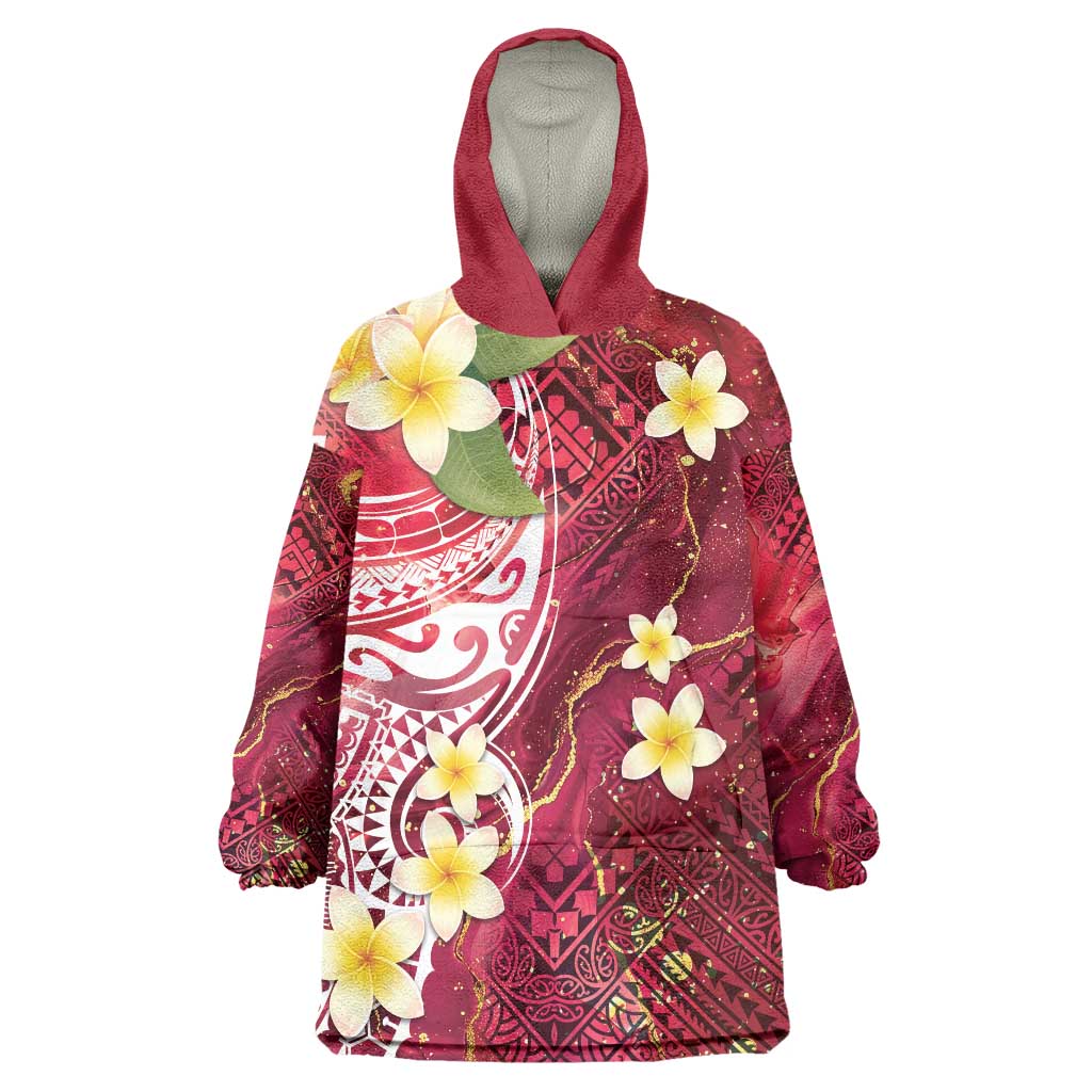 Polynesian Tribal Tattoo Wearable Blanket Hoodie Plumeria Blood Red and Gold Marble Pattern LT9 One Size Red - Polynesian Pride