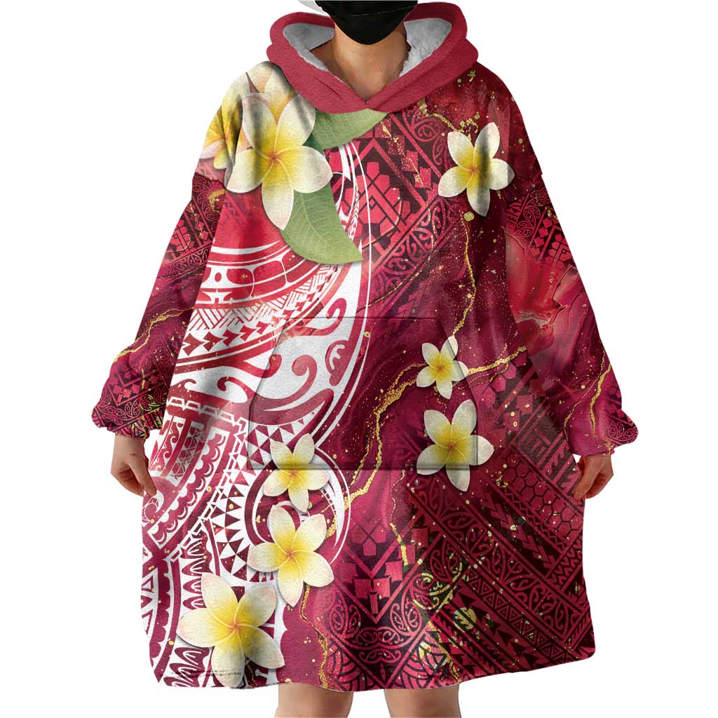 Polynesian Tribal Tattoo Wearable Blanket Hoodie Plumeria Blood Red and Gold Marble Pattern LT9 - Polynesian Pride