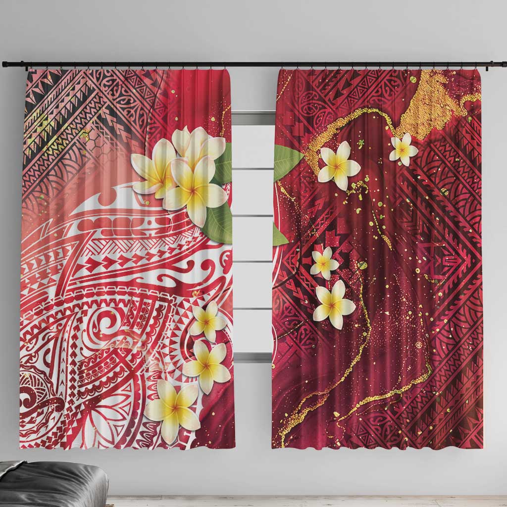 Polynesian Tribal Tattoo Window Curtain Plumeria Blood Red and Gold Marble Pattern