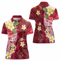 Polynesian Tribal Tattoo Women Polo Shirt Plumeria Blood Red and Gold Marble Pattern