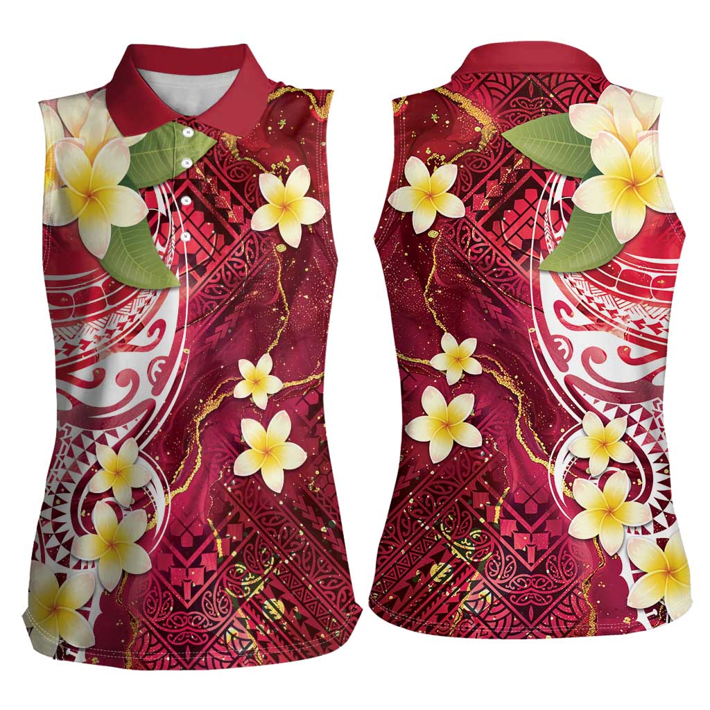Polynesian Tribal Tattoo Women Sleeveless Polo Shirt Plumeria Blood Red and Gold Marble Pattern LT9 - Polynesian Pride