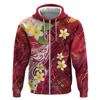 Polynesian Tribal Tattoo Zip Hoodie Plumeria Blood Red and Gold Marble Pattern