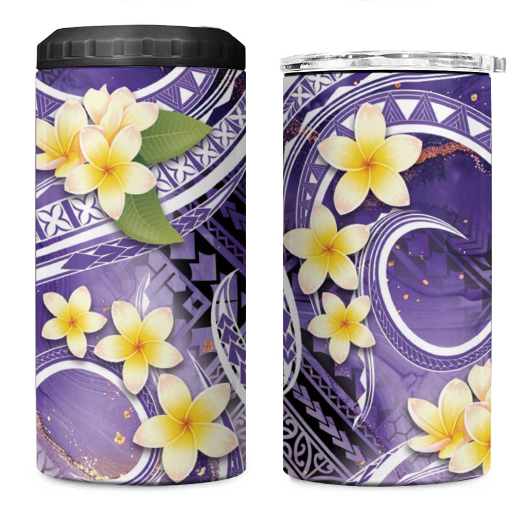 Polynesian Tribal Tattoo 4 in 1 Can Cooler Tumbler Plumeria Purple Marble Pattern