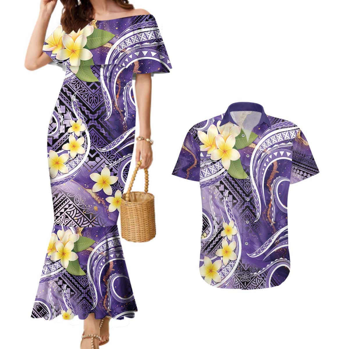 Polynesian Tribal Tattoo Couples Matching Mermaid Dress and Hawaiian Shirt Plumeria Purple Marble Pattern LT9 Purple - Polynesian Pride