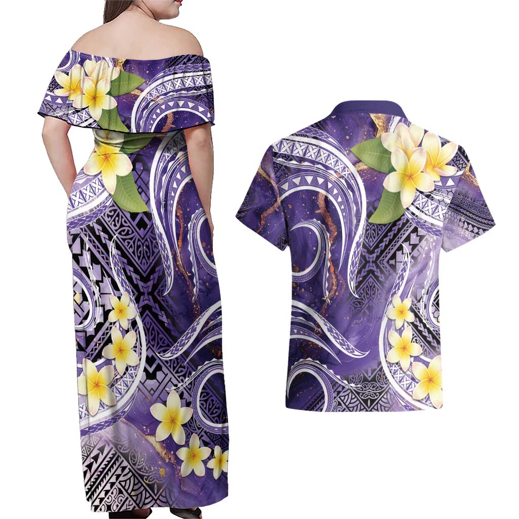 Polynesian Tribal Tattoo Couples Matching Off Shoulder Maxi Dress and Hawaiian Shirt Plumeria Purple Marble Pattern LT9 - Polynesian Pride