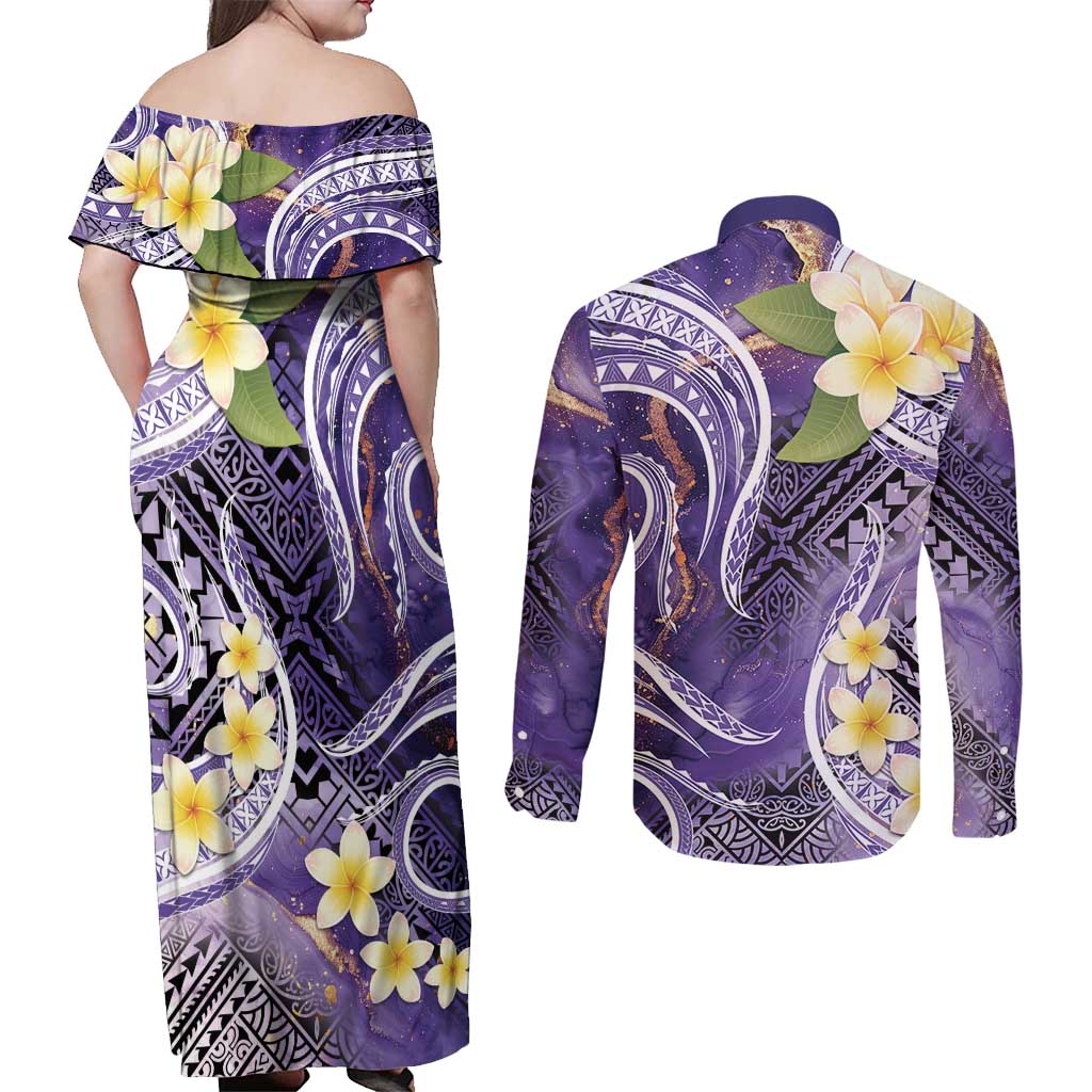 Polynesian Tribal Tattoo Couples Matching Off Shoulder Maxi Dress and Long Sleeve Button Shirt Plumeria Purple Marble Pattern LT9 - Polynesian Pride