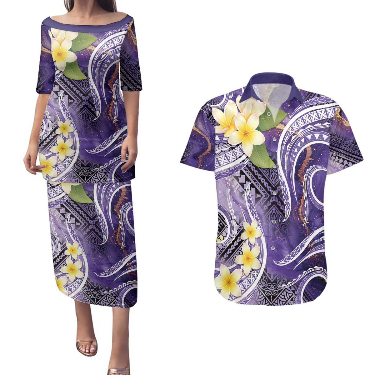 Polynesian Tribal Tattoo Couples Matching Puletasi and Hawaiian Shirt Plumeria Purple Marble Pattern LT9 Purple - Polynesian Pride