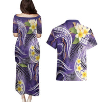 Polynesian Tribal Tattoo Couples Matching Puletasi and Hawaiian Shirt Plumeria Purple Marble Pattern LT9 - Polynesian Pride