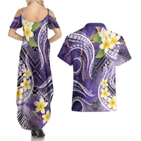 Polynesian Tribal Tattoo Couples Matching Summer Maxi Dress and Hawaiian Shirt Plumeria Purple Marble Pattern LT9 - Polynesian Pride
