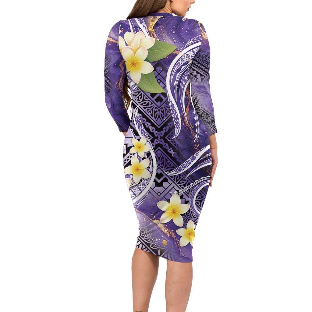Polynesian Tribal Tattoo Family Matching Long Sleeve Bodycon Dress and Hawaiian Shirt Plumeria Purple Marble Pattern LT9 - Polynesian Pride