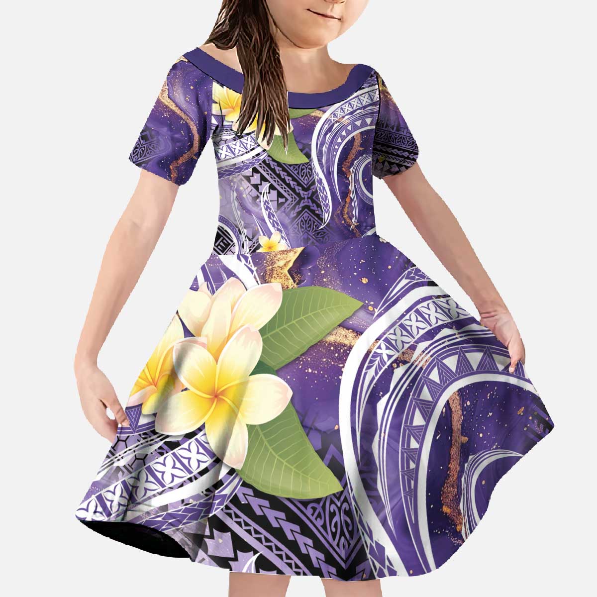 Polynesian Tribal Tattoo Family Matching Off The Shoulder Long Sleeve Dress and Hawaiian Shirt Plumeria Purple Marble Pattern