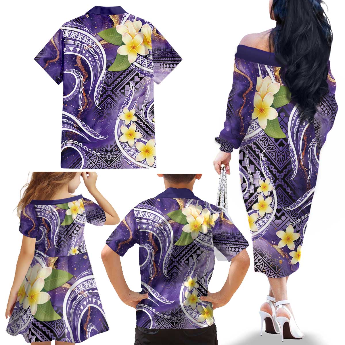 Polynesian Tribal Tattoo Family Matching Off The Shoulder Long Sleeve Dress and Hawaiian Shirt Plumeria Purple Marble Pattern