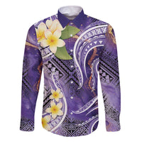 Polynesian Tribal Tattoo Family Matching Off The Shoulder Long Sleeve Dress and Hawaiian Shirt Plumeria Purple Marble Pattern