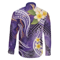 Polynesian Tribal Tattoo Family Matching Off The Shoulder Long Sleeve Dress and Hawaiian Shirt Plumeria Purple Marble Pattern