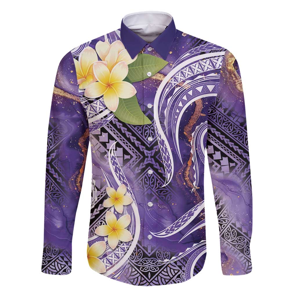 Polynesian Tribal Tattoo Family Matching Off Shoulder Maxi Dress and Hawaiian Shirt Plumeria Purple Marble Pattern