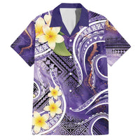 Polynesian Tribal Tattoo Family Matching Off Shoulder Short Dress and Hawaiian Shirt Plumeria Purple Marble Pattern