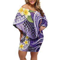 Polynesian Tribal Tattoo Family Matching Off Shoulder Short Dress and Hawaiian Shirt Plumeria Purple Marble Pattern